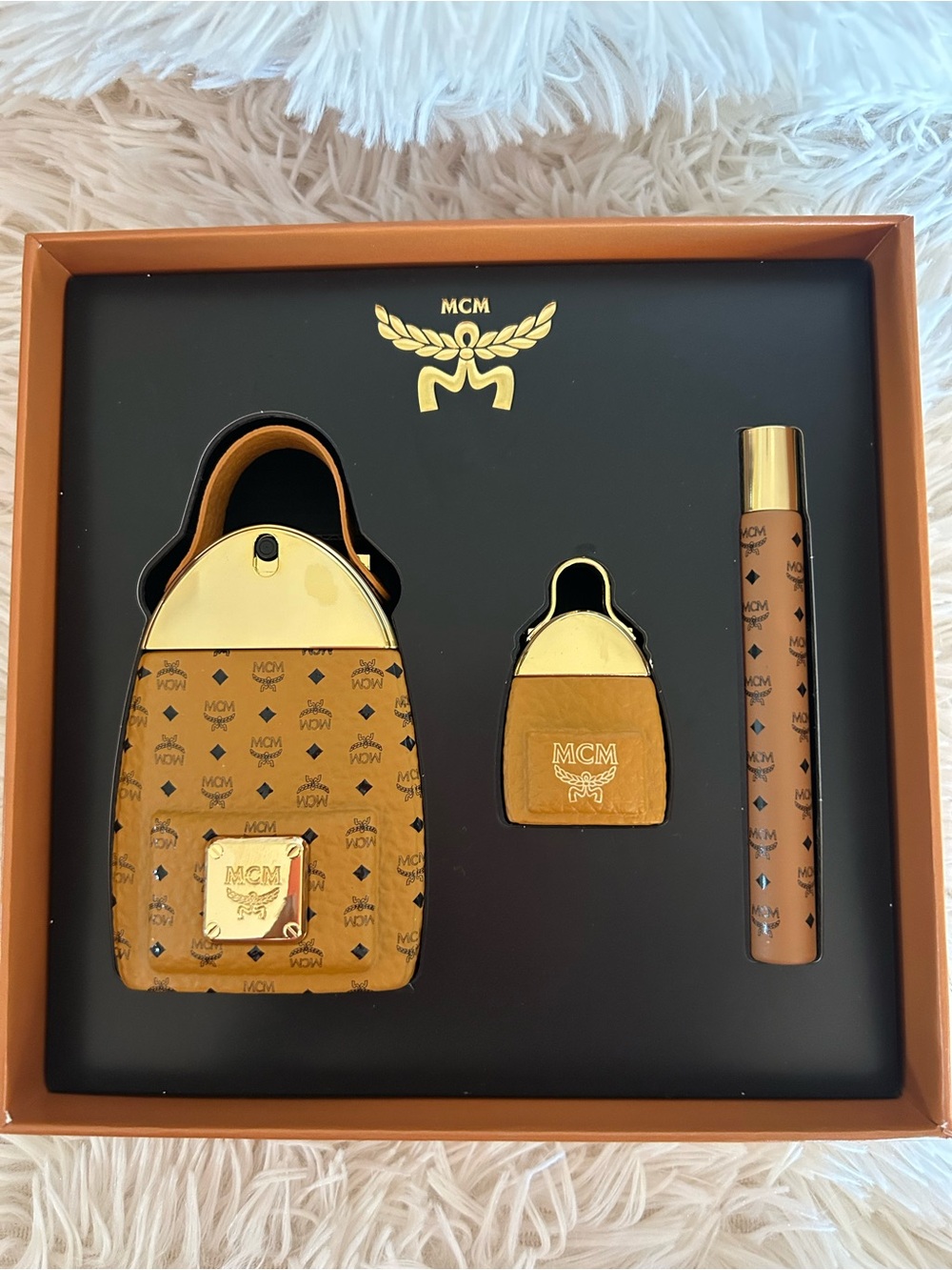 MCM Cognac Monogram Fragrance Set with Gold Accents